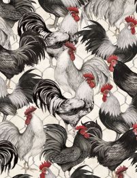 Proud Rooster Fabric | Packed Roosters Ivory