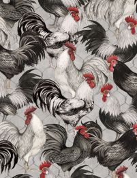 Proud Rooster Fabric | Packed Roosters Grey