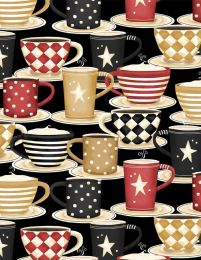 Coffee Always Fabric | Packed Cups Black