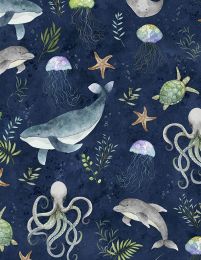 Paradise Bay Fabric | Whales All Over Navy